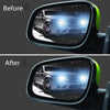 Comparison showing a car mirror before and after applying clear anti-fog and rain-repellent film.