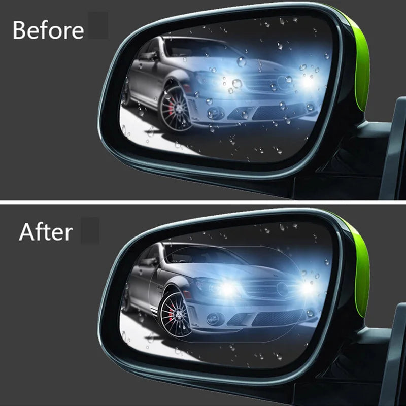 Comparison showing a car mirror before and after applying clear anti-fog and rain-repellent film.