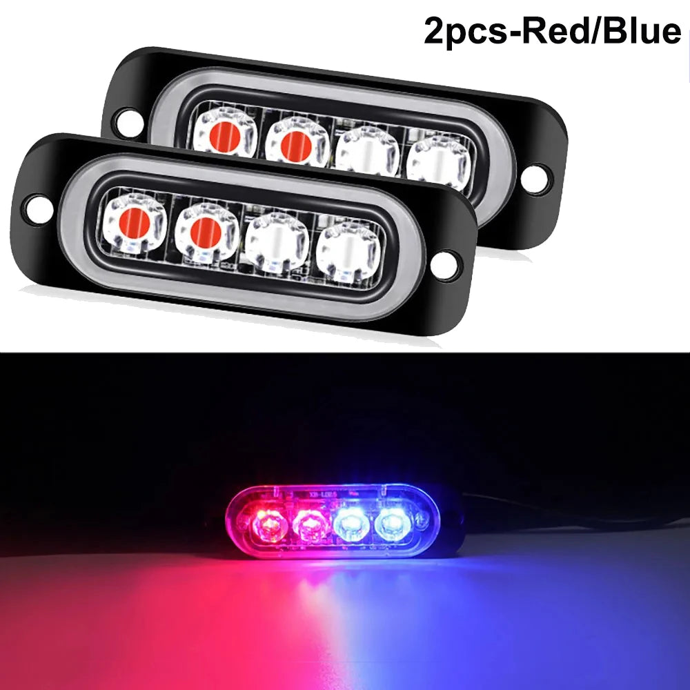 Two pairs of red and blue LED strobe side marker lights shown in close-up against a dark background.