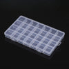 A transparent multi-compartment storage box with fixed dividers, showing numerous small, square compartments.
