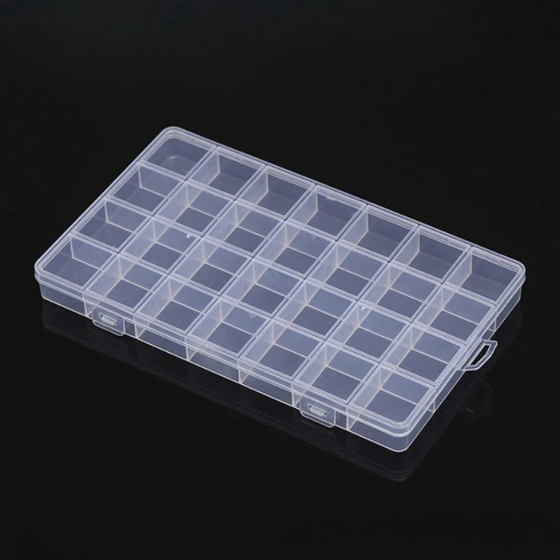 A transparent multi-compartment storage box with fixed dividers, showing numerous small, square compartments.