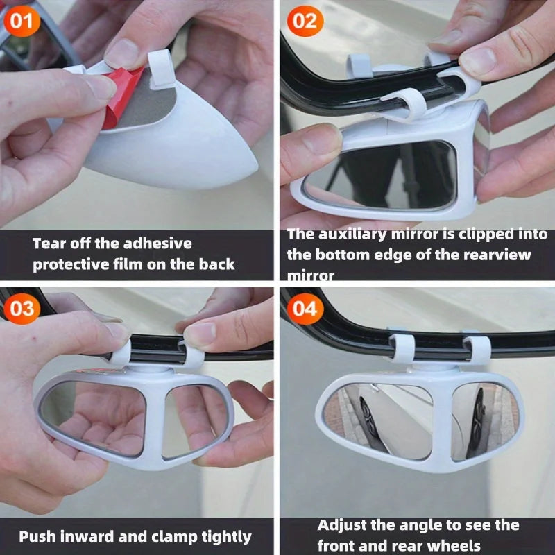 Step-by-step instructions showing how to install and adjust the auxiliary rearview mirrors for a car.