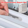 A hand applies a self-adhesive window screen repair net patch to a window frame.