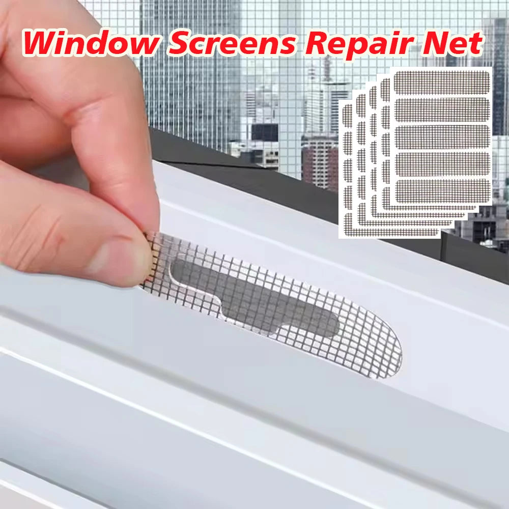 A hand applies a self-adhesive window screen repair net patch to a window frame.