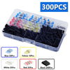 A clear plastic container holds 300 solder seal wire connectors in various colors including blue, yellow, red, white, and bla
