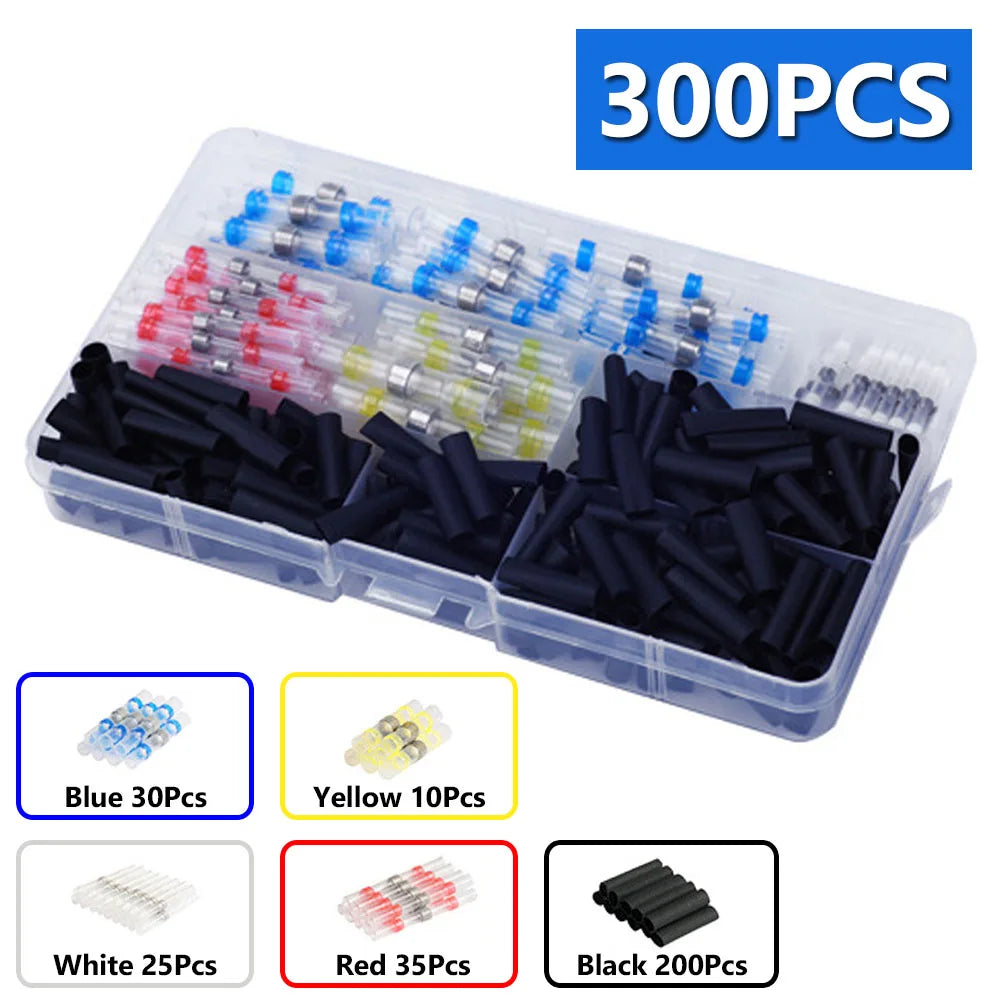 A clear plastic container holds 300 solder seal wire connectors in various colors including blue, yellow, red, white, and bla