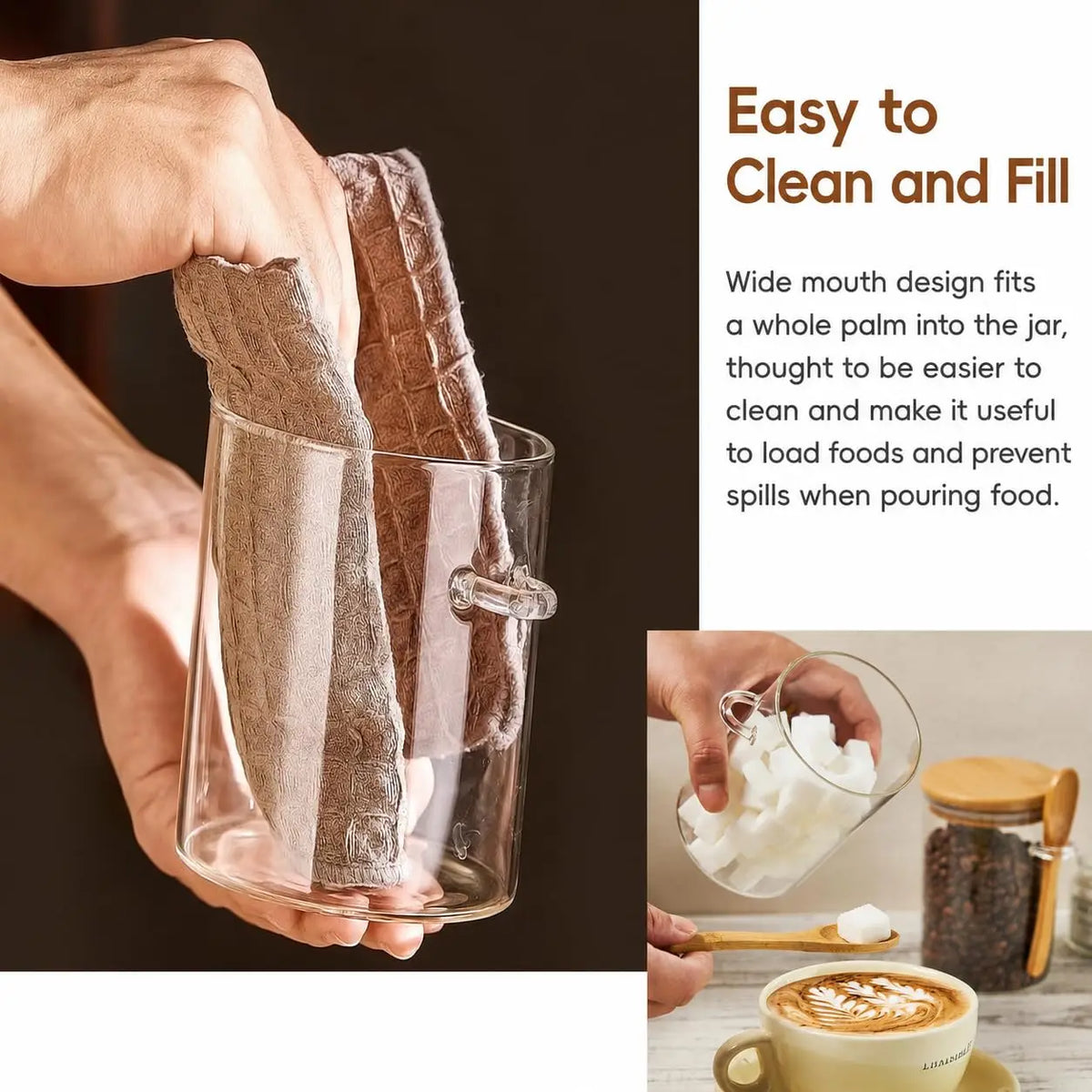 A hand holds an airtight glass storage jar with a bamboo lid and spoon, demonstrating its easy to clean and fill design.