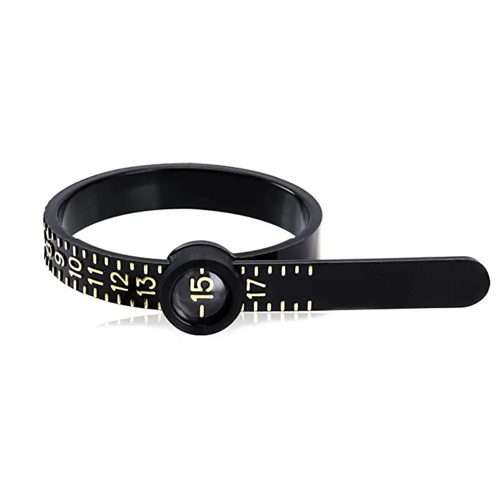 Black ring sizer measuring tool with a magnifier and numbered markings