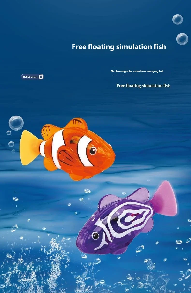 An orange and white plastic swimming fish toy is shown floating in blue water.