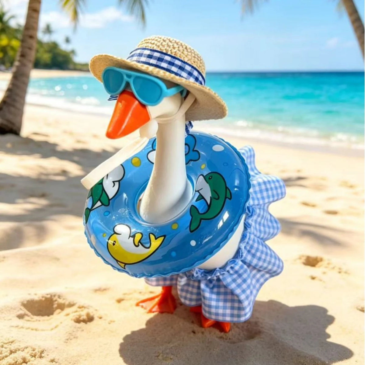 A white goose wearing a straw hat and sunglasses is sitting on the sand near the ocean.