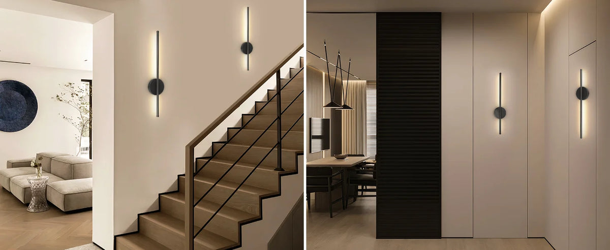 Modern interior featuring a staircase with vertical LED wall sconces and a dark vertical panel.