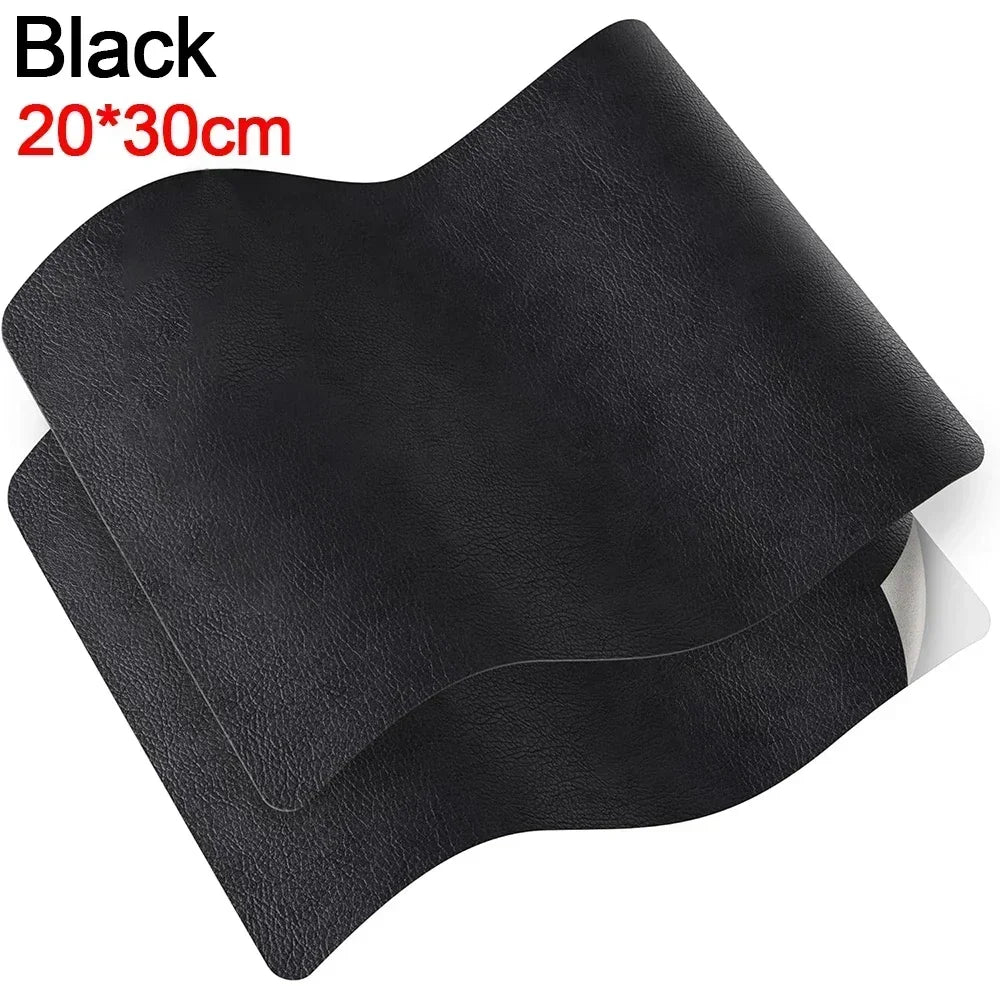 Black self-adhesive leather repair tape measuring 20 by 30 centimeters