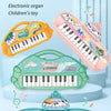 Three colorful 13-key electronic piano toys in yellow, pink, and green are displayed against a light blue background.