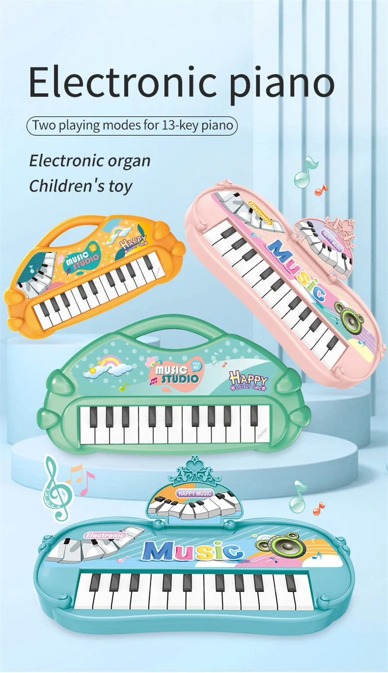 Three colorful 13-key electronic piano toys in yellow, pink, and green are displayed against a light blue background.