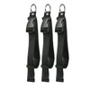 Three black durable polyester luggage straps with metal rings and ID tags