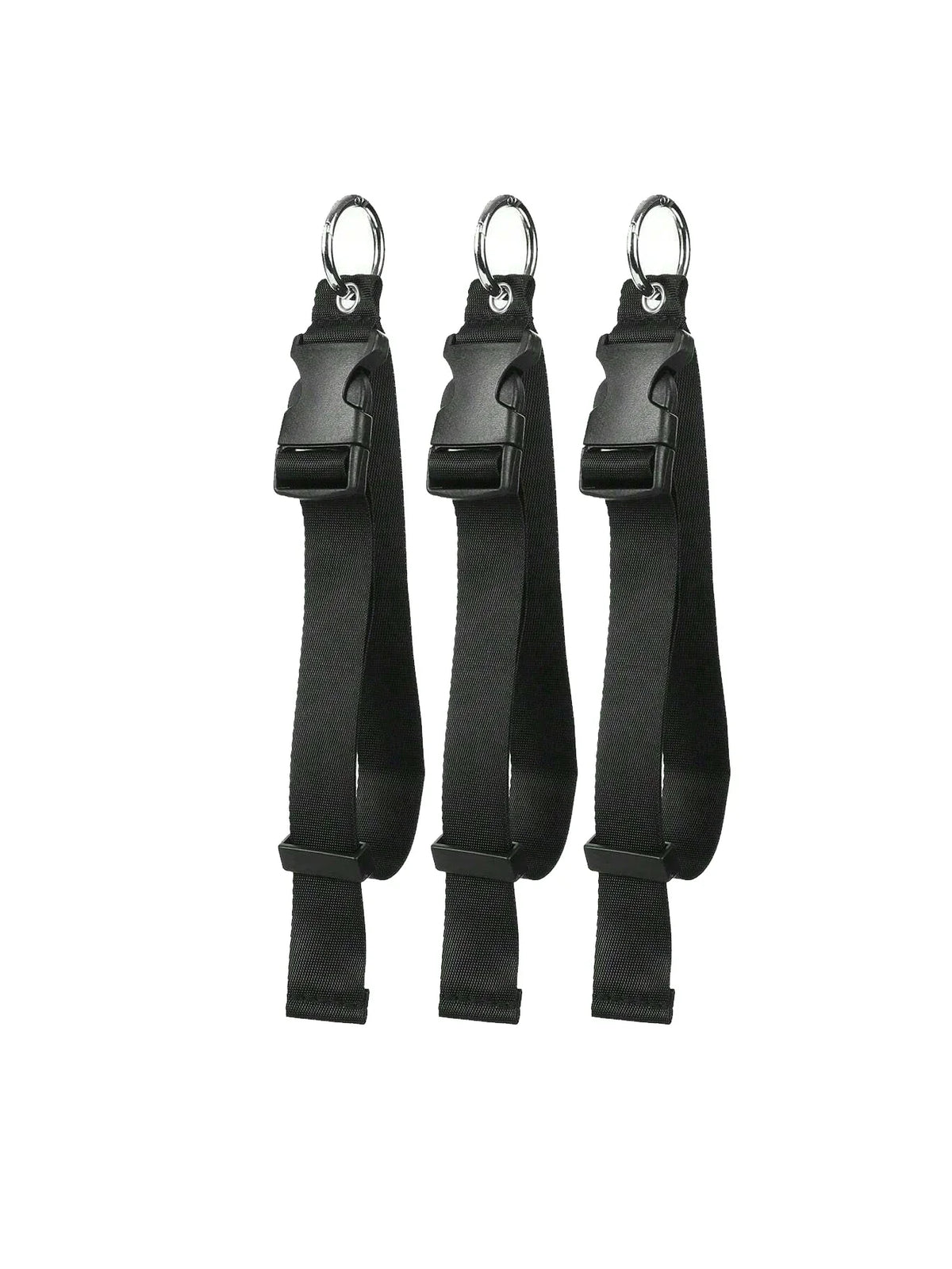 Three black durable polyester luggage straps with metal rings and ID tags