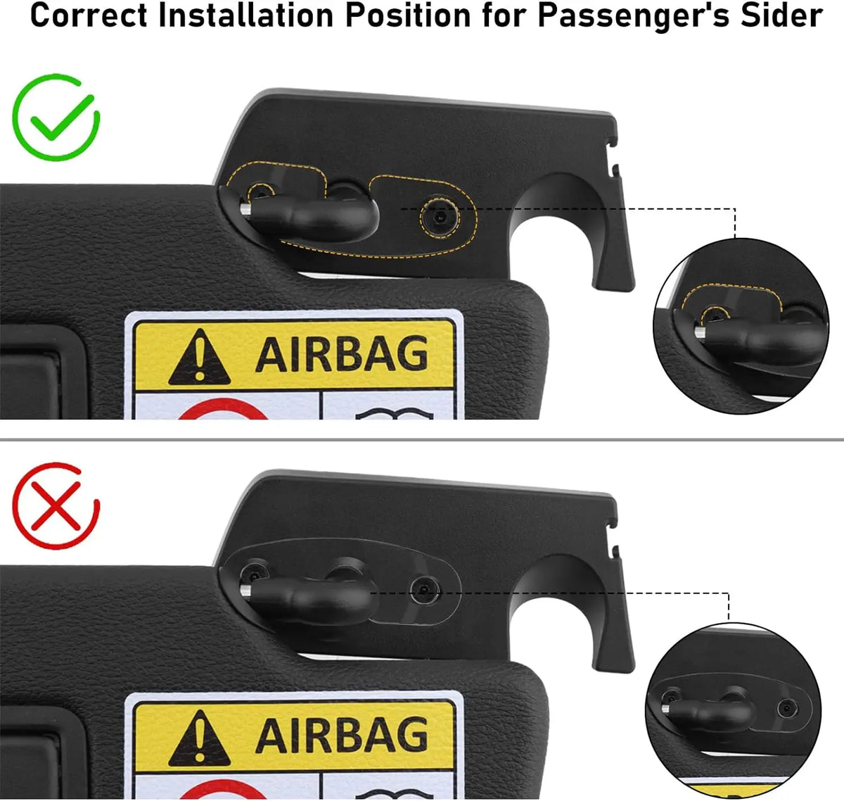 Diagram showing the correct and incorrect installation positions for a passenger's side airbag in a vehicle interior.