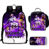 A black backpack set featuring a basketball theme with a large print of Kobe Bryant and LeBron James.