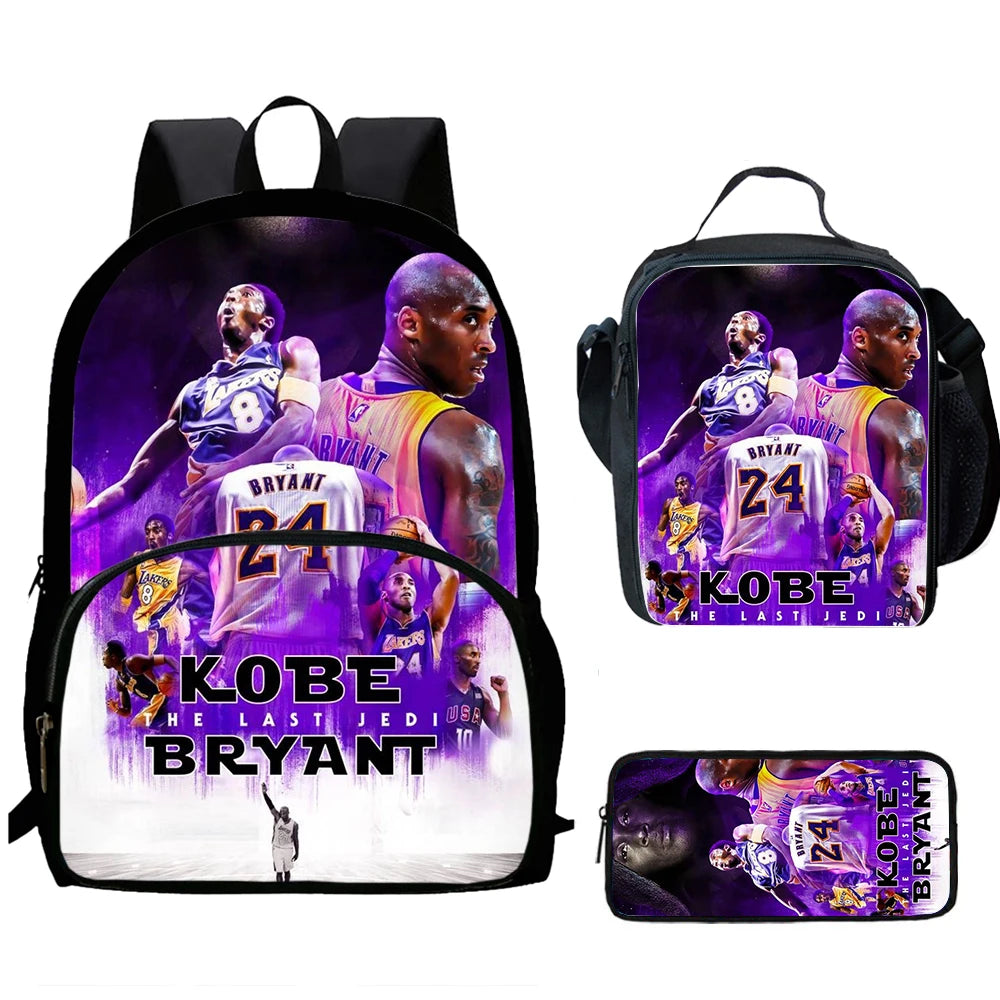 A black backpack set featuring a basketball theme with a large print of Kobe Bryant and LeBron James.