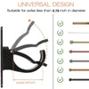 A set of two universal design non-drill adhesive curtain rod brackets shown with various pole diameters.