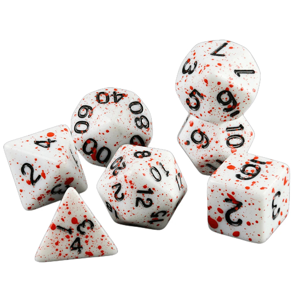 A set of seven polyhedral dice, including a d10 and d20, with white and red markings.