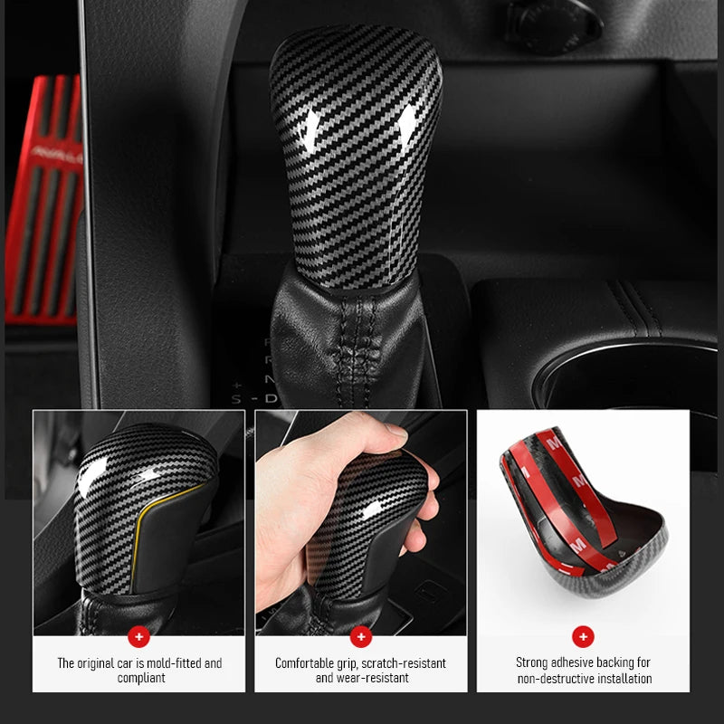 Carbon fiber gear shift knob cover shown in various angles with text describing its features.