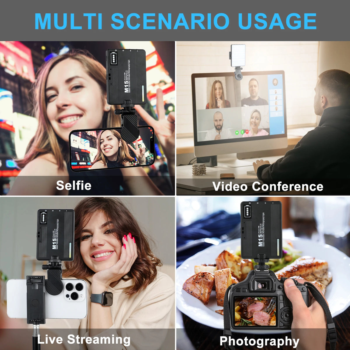 Multiple scenarios showing a selfie light used for video conference, live streaming, and photography.