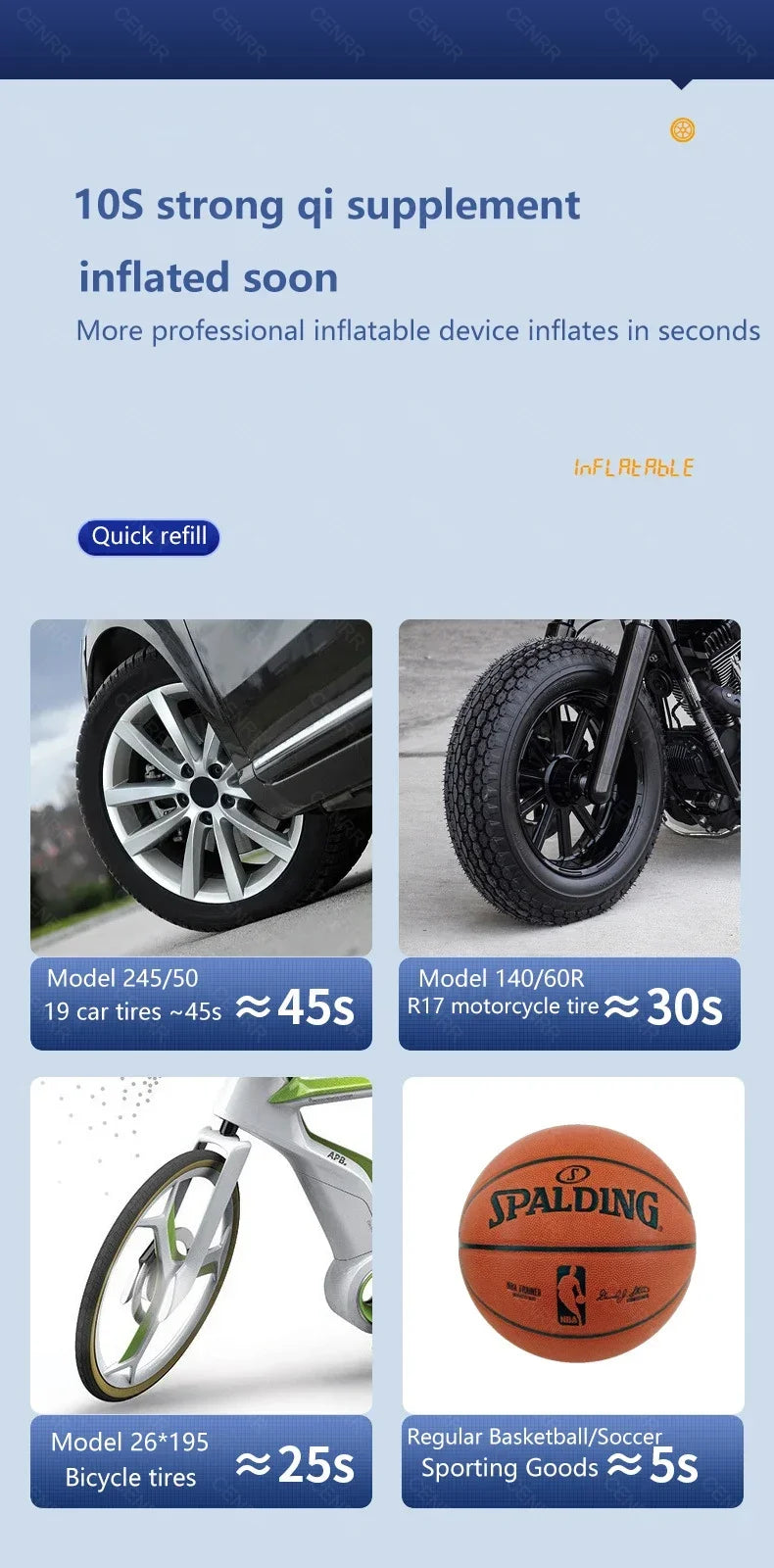 Portable wireless tire inflator demonstrating quick inflation of various items like tires and sports balls.
