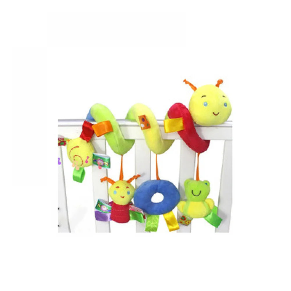 A set of soft plush hanging baby toys in yellow and red colors for strollers, cribs, and car seats.