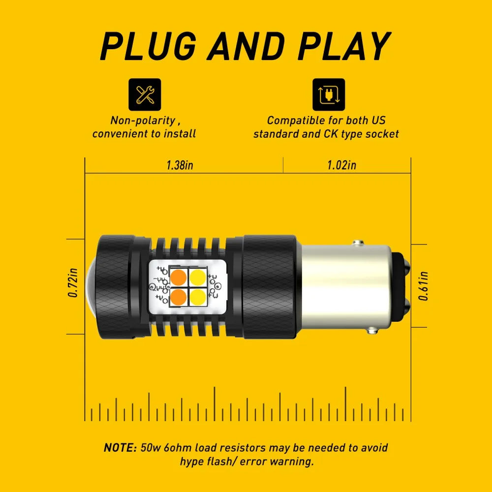 A yellow diagram showing a plug and play LED bulb with non-polarity for US and CK type sockets.