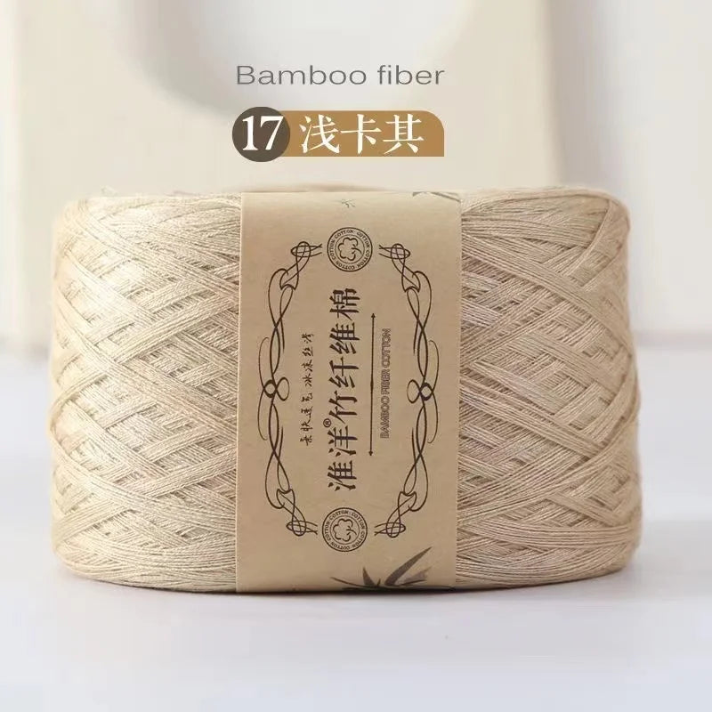 Spool of bamboo fiber yarn labeled as Bamboo Fiber 17 strands for knitting and crochet