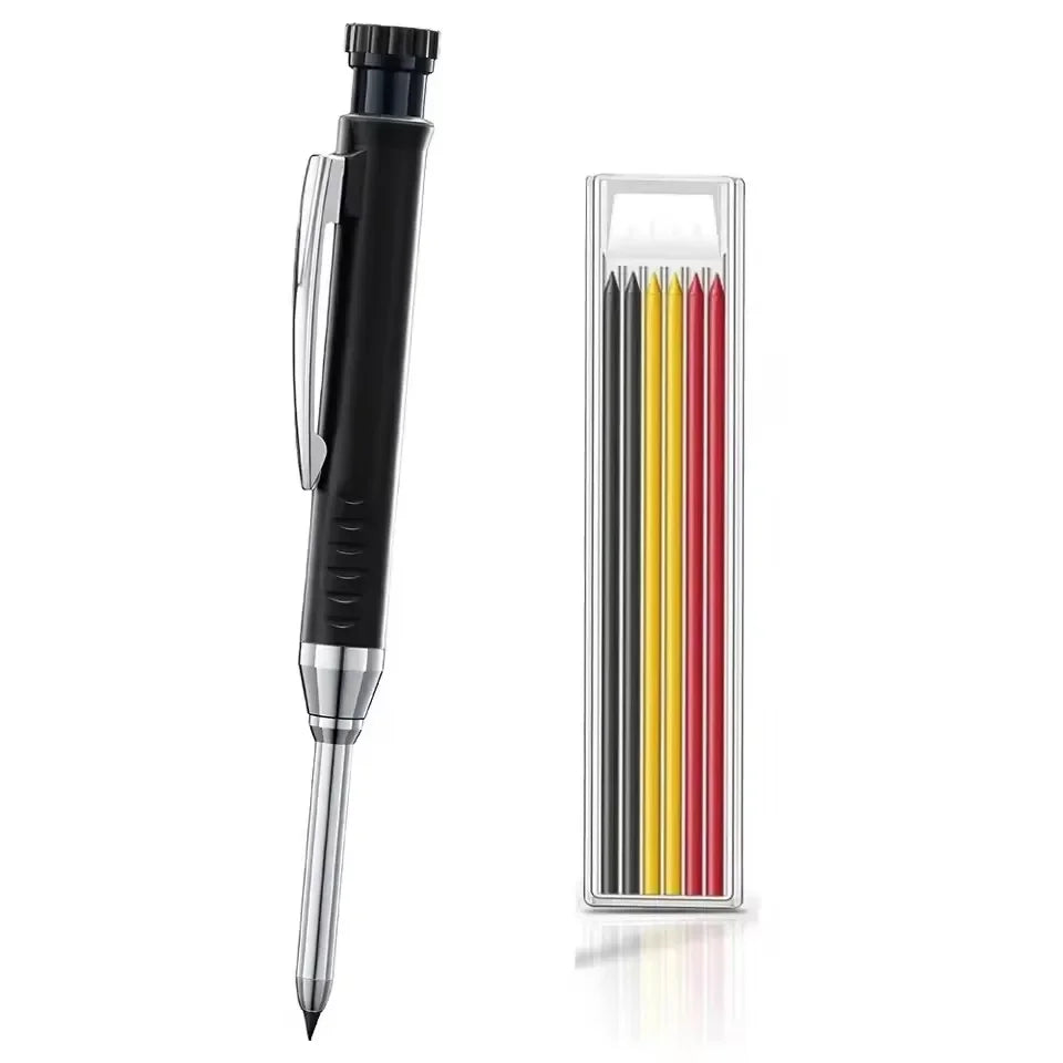 A black precision mechanical pencil with a clear barrel and a compartment holding colored pencils.