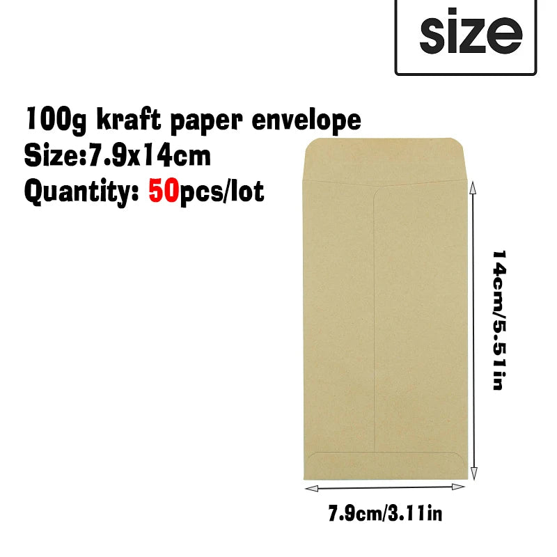 A single 100g kraft paper envelope measuring 7.9x14 cm is shown.