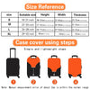 A set of four orange and black luggage covers shown in different stages of use for size reference.