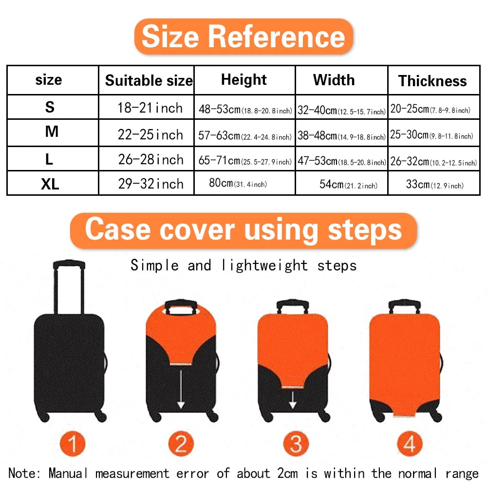 A set of four orange and black luggage covers shown in different stages of use for size reference.