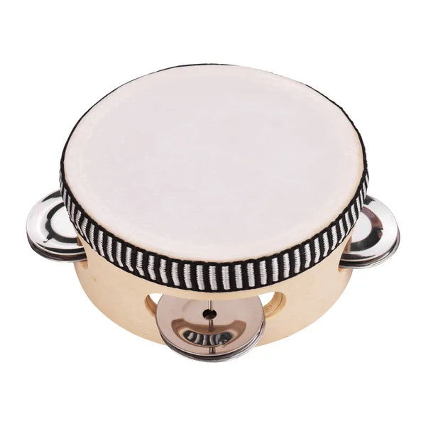 A compact wooden hand tambourine with a white circular skin and black and white striped metal jingles.