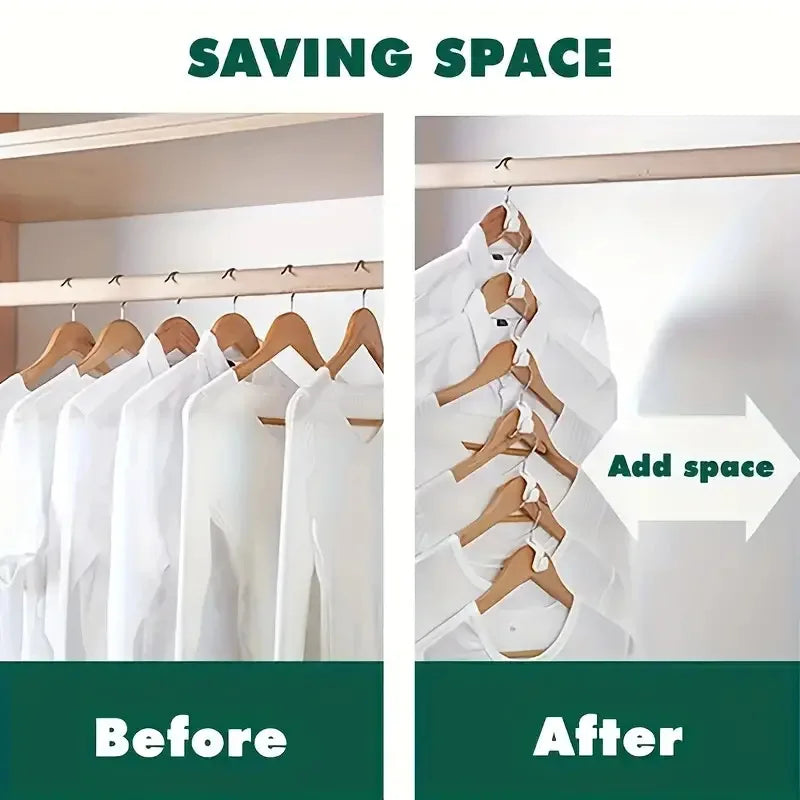 Before and after comparison showing space-saving cascading hanger connectors for clothing storage.