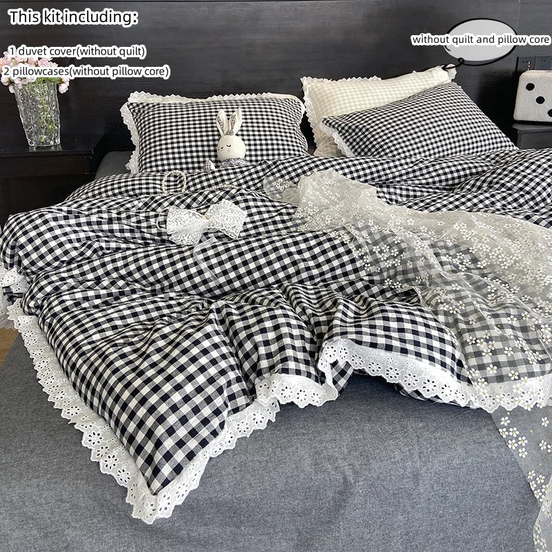 Lace Trim Plaid Duvet Cover Set with Pillowcases