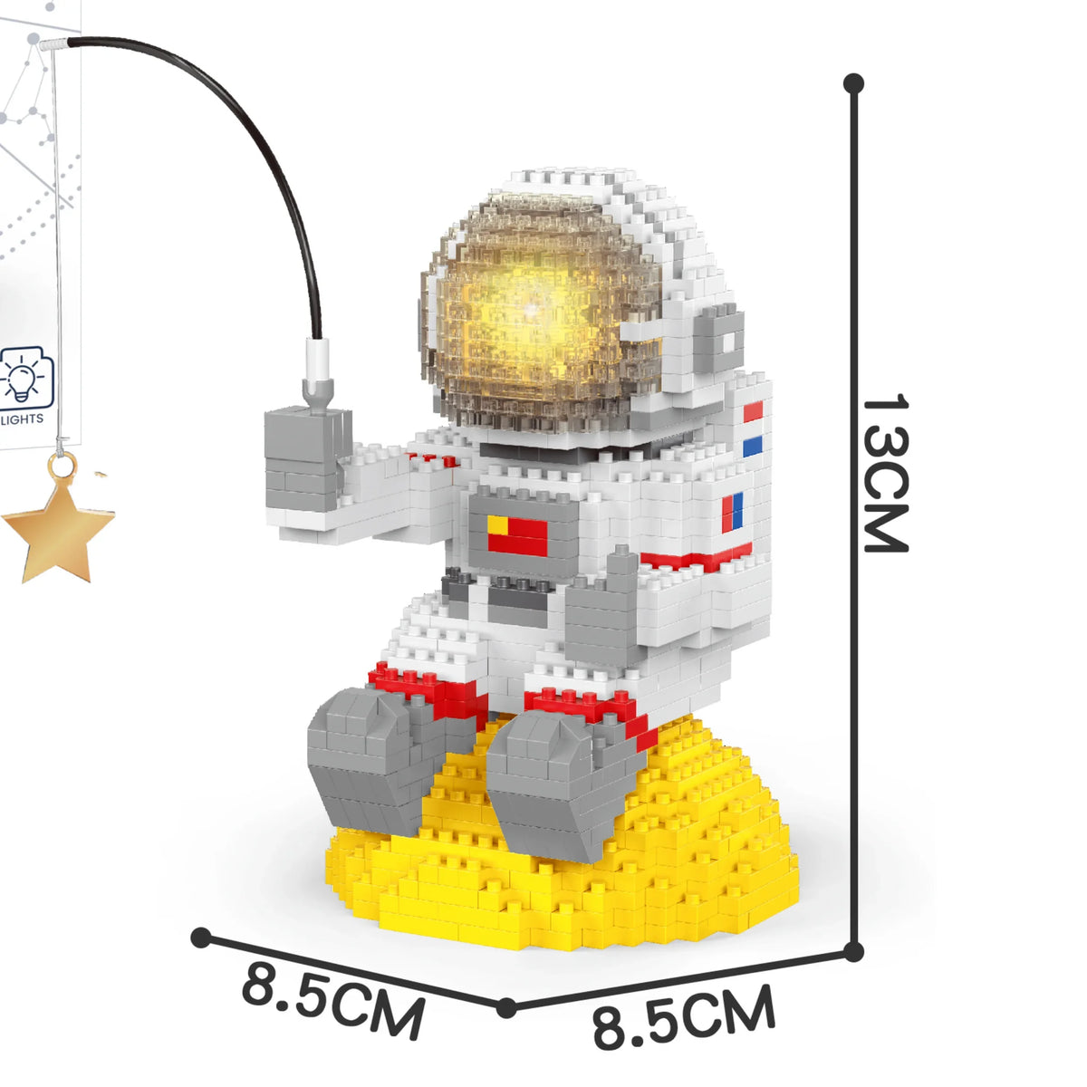 A LEGO astronaut figure wearing a helmet with a glowing yellow light, standing on a yellow base.
