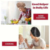 A woman wearing a silk satin sleep bonnet is shown in a domestic cleaning context.