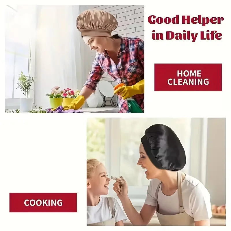 A woman wearing a silk satin sleep bonnet is shown in a domestic cleaning context.