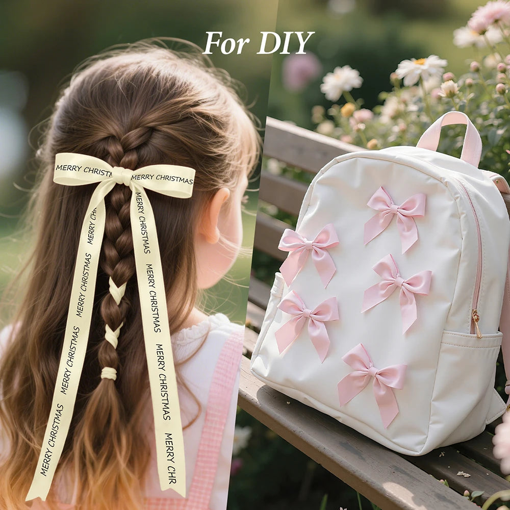A girl's hair is styled in a braid with satin ribbon labels for a printer.