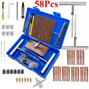 A blue portable tire repair kit box showing various tools and repair materials for automotive tires.