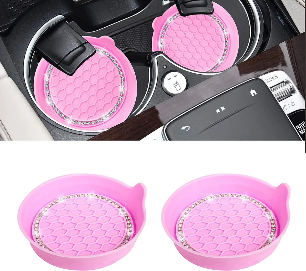 Pink silicone car cup holder coasters with a textured surface and rhinestone trim