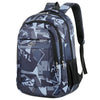 A dark blue patterned laptop backpack with black straps and zippers.