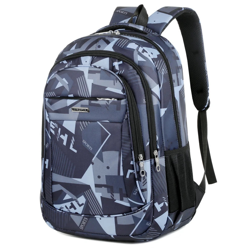 A dark blue patterned laptop backpack with black straps and zippers.