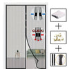 Magnetic screen door curtain featuring a mesh fabric and an auto-close mechanism with various components shown.