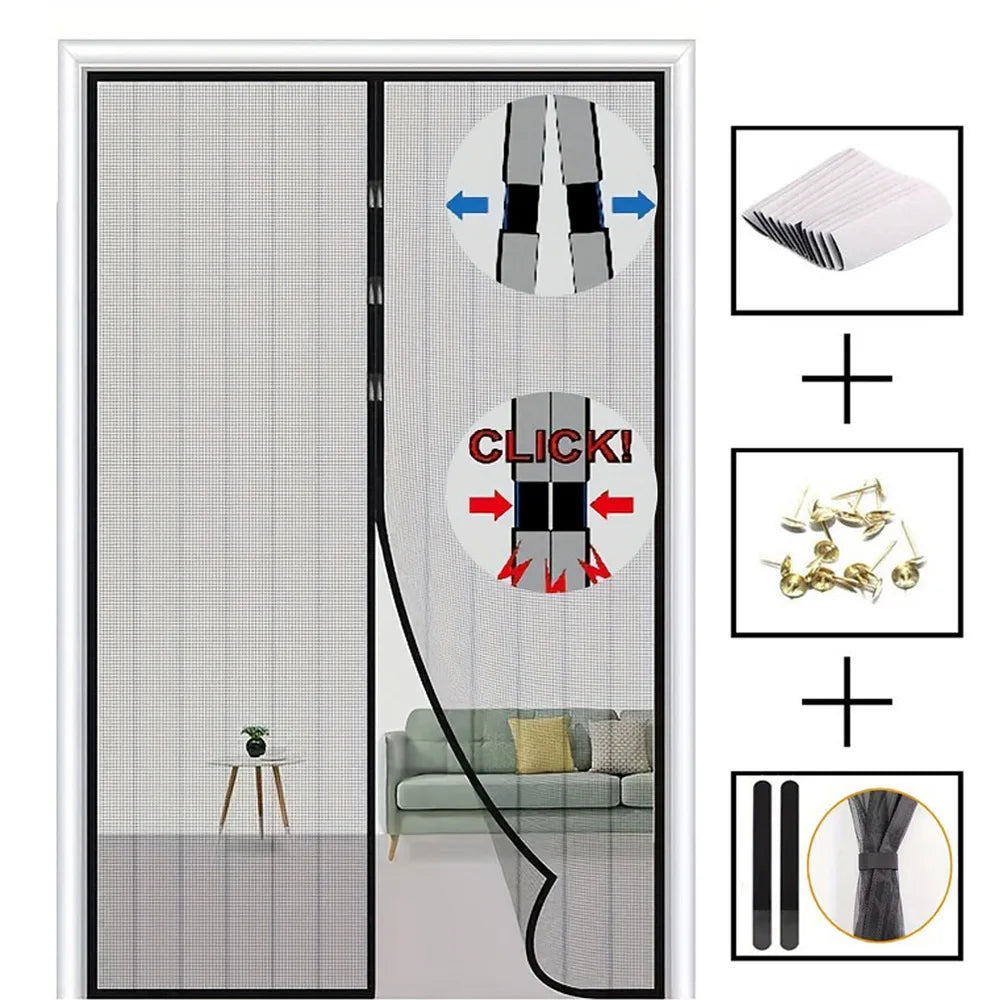 Magnetic screen door curtain featuring a mesh fabric and an auto-close mechanism with various components shown.