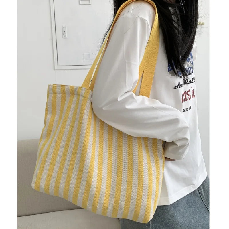 Striped Canvas Shoulder Tote Bag