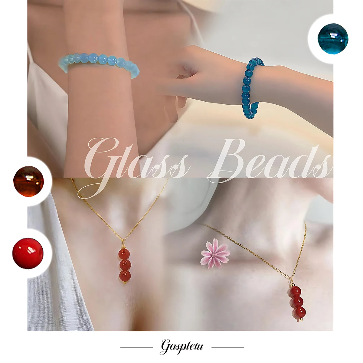 Collection de perles de verre, bracelets et colliers dans diverses nuances de bleu et de rouge.